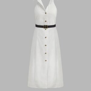 Elegant White Button-Down Dress with Belt